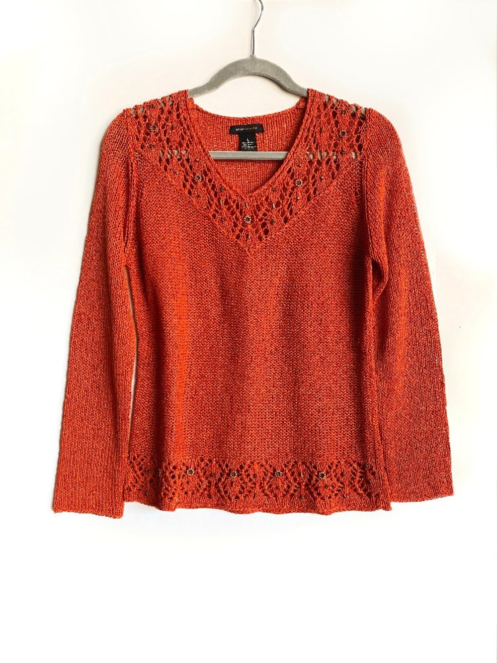 BCBG Maxazria Loose Knit Boho Embellished Heavy Sweater Size L Burnt Orange